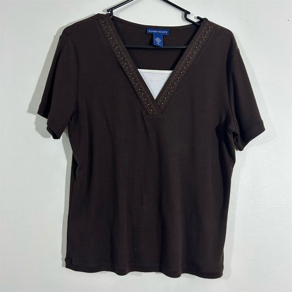 Karen Scott Women's V-Neck Beaded Brown‎ Short Sleeve Top Size S